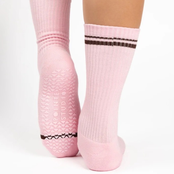 Pointe studio varsity crew grip sock in pink with brown stripe - Picture 2 of 7